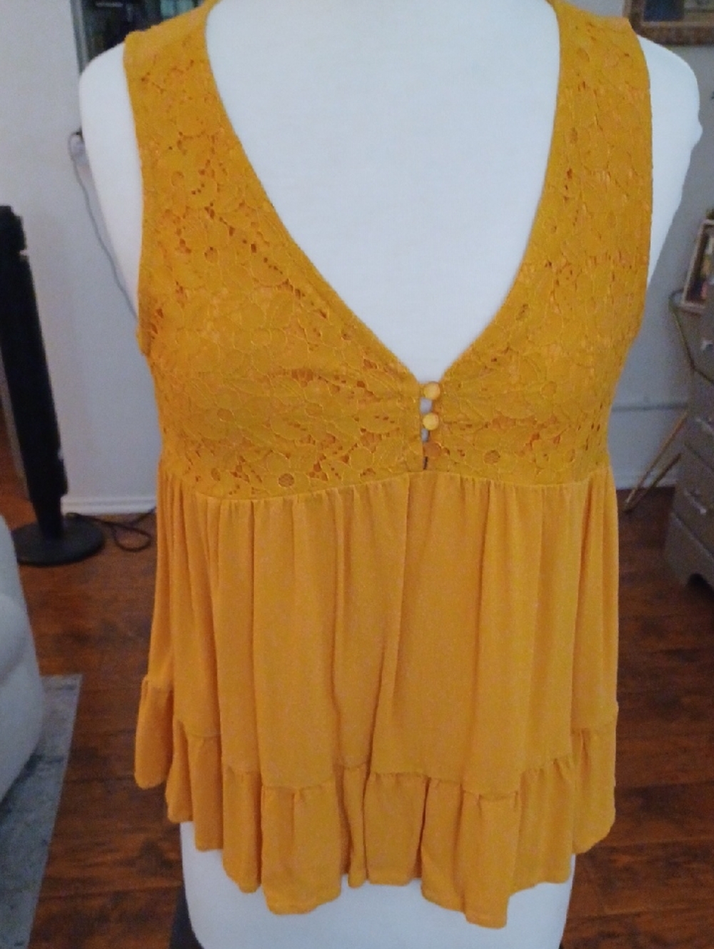 Live To Be Spoiled Women’s Mustard Lace V-Neck Tank Top With A Flowy Lower Part